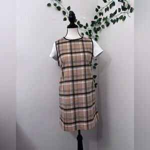 Plaid Sleeveless Winter Dress - Tan and Black - Warm, Pockets, Large